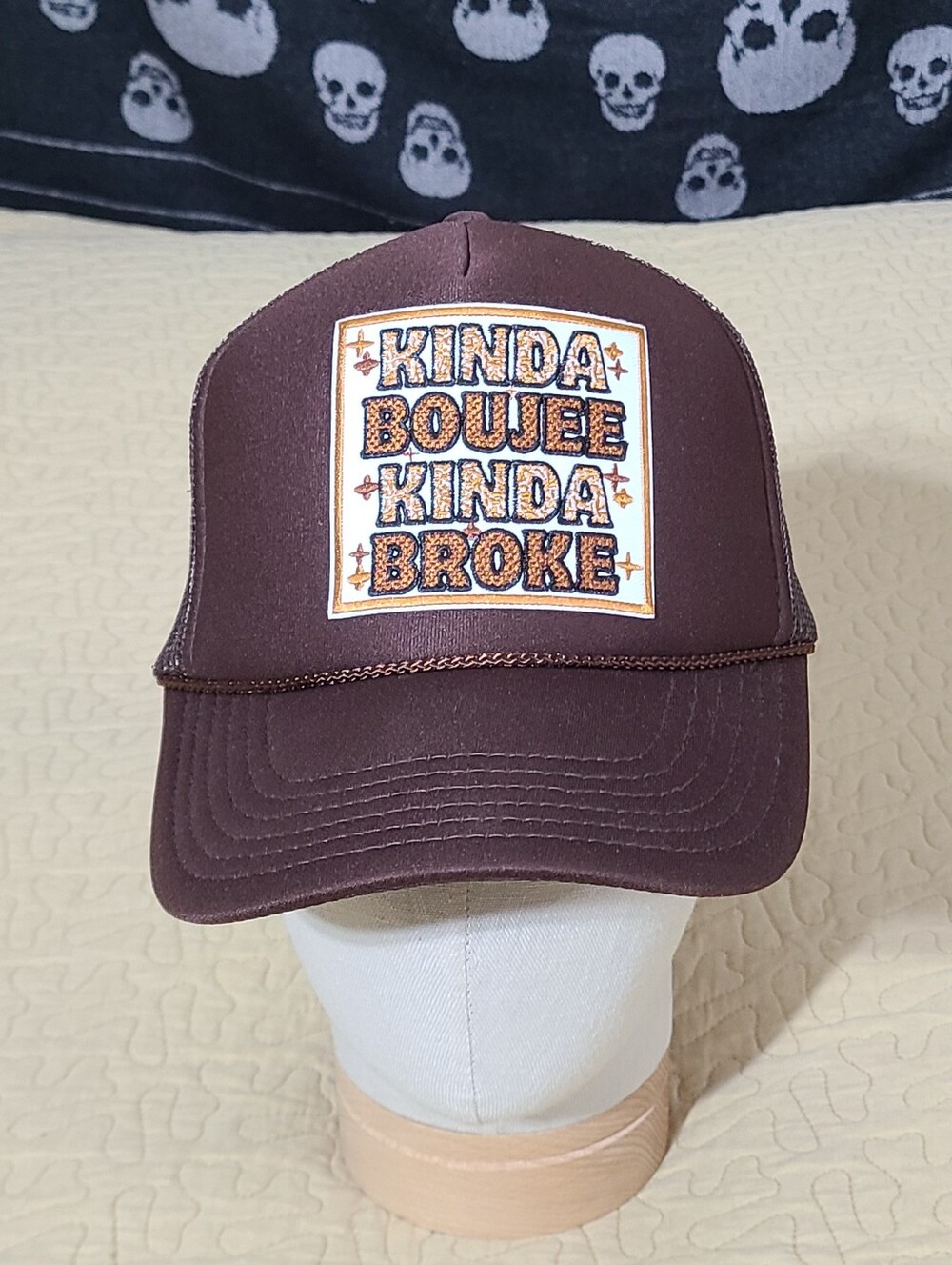 Kinda Boujee Kinda Broke logo patch trucker snapback hat